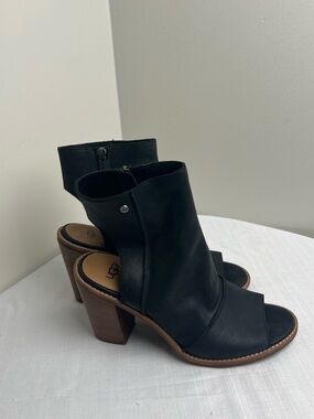 UGG Valencia Black Leather Open-Toe Block Heel Booties